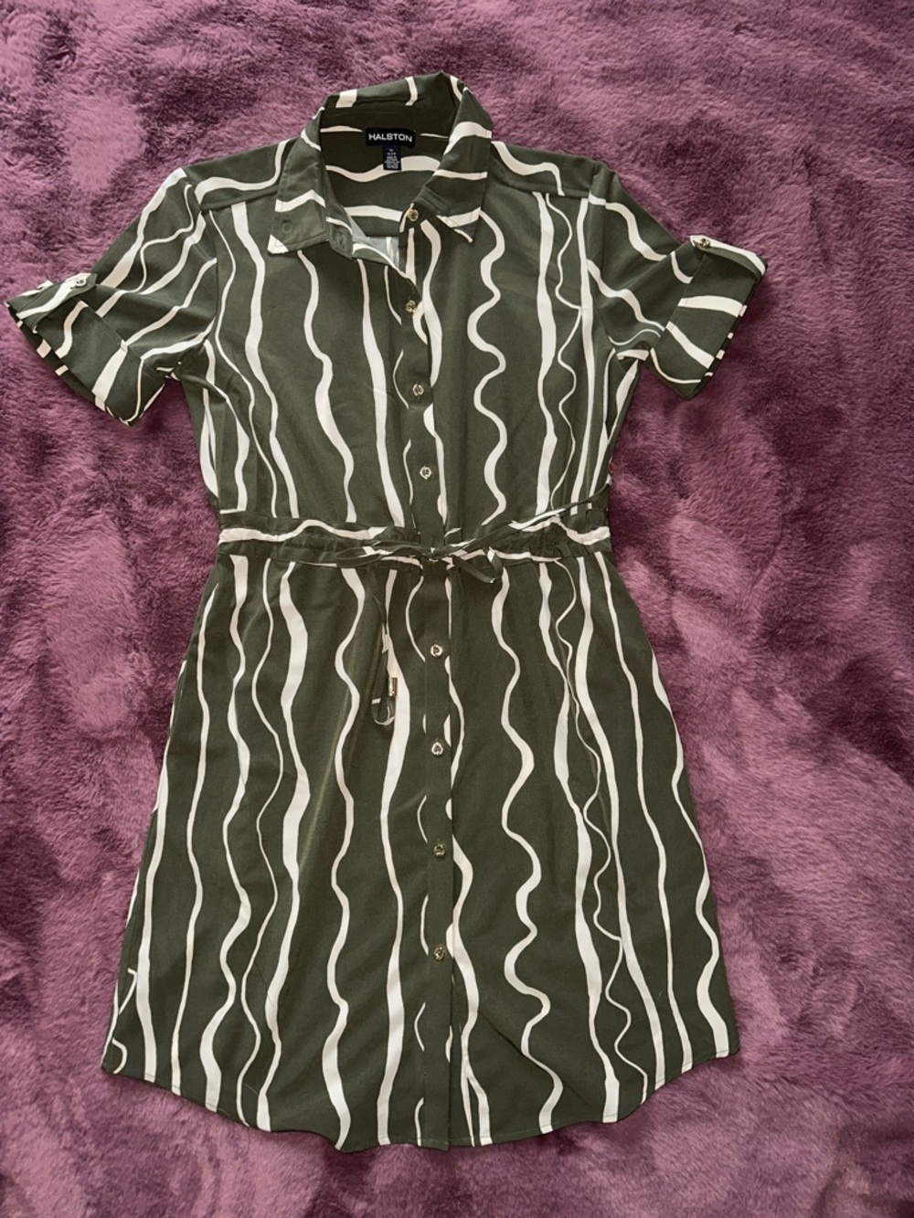 Halston Olive Green & White Wavy Stripe Shirt Dress